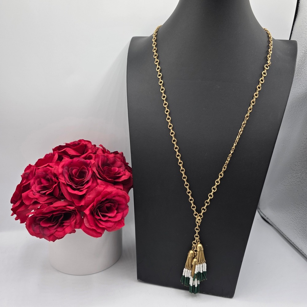 J.Crew Gold Tone Beaded Triple Tassel Long Pendant Necklace Green White GR7213